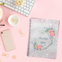 Silver pink florals glitter name diary notebook