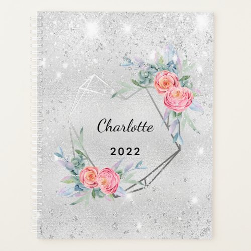 Silver pink florals glitter name elegant 2023 planner