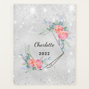 Silver pink florals glitter name elegant planner