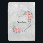 Silver pink florals glitter name iPad pro cover<br><div class="desc">A faux silver looking background. Decorated with faux glitter. A geometric shaped heart decorated with pink flowers and greenery.  Personalize and add a name. The name is written with a modern hand lettered script.</div>
