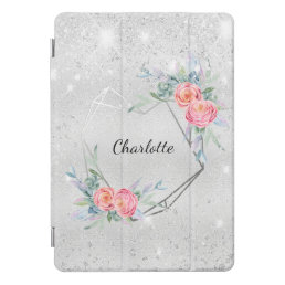 Silver pink florals glitter name iPad pro cover