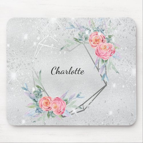 Silver pink florals glitter name mouse pad