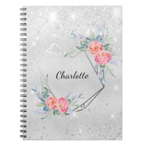 Silver pink florals glitter name notebook