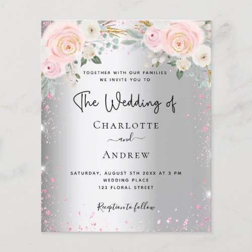 Silver pink florals glitter wedding invitation flyer