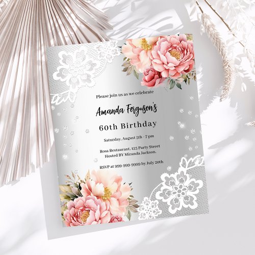 Silver pink florals lace birthday invitation