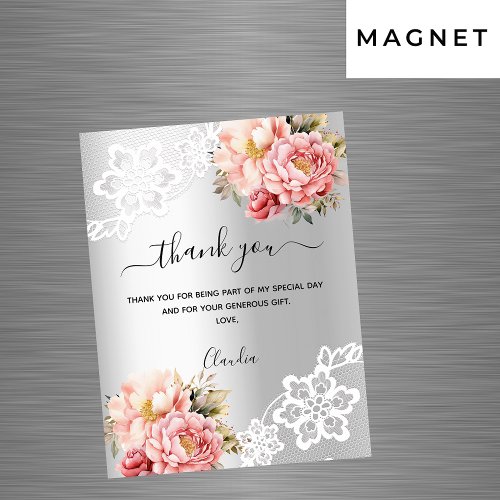 Silver pink florals lace thank you card magnet