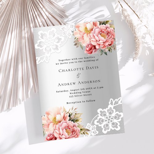 Silver pink florals luxury wedding invitation
