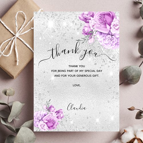 Silver pink florals thank you card