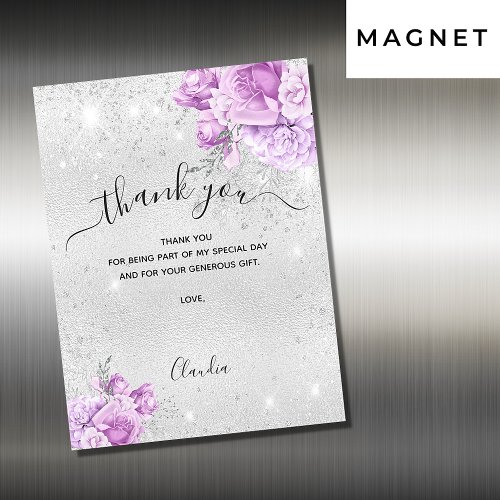 Silver pink florals thank you magnetic card