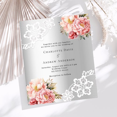 Silver pink florals wedding invitation