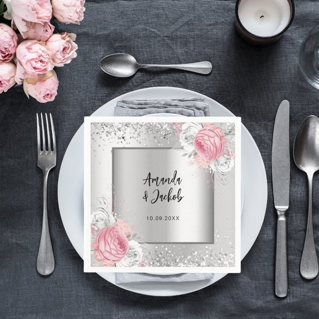 Silver pink florals wedding napkins (Creator Uploaded)