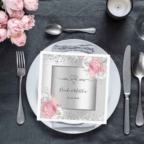 Silver pink florals wedding napkins