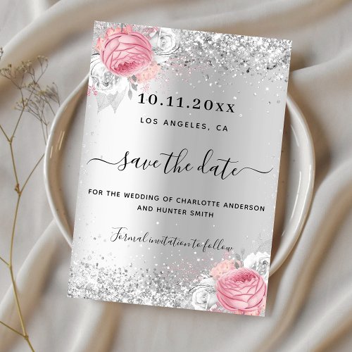 Silver pink florals wedding save the date