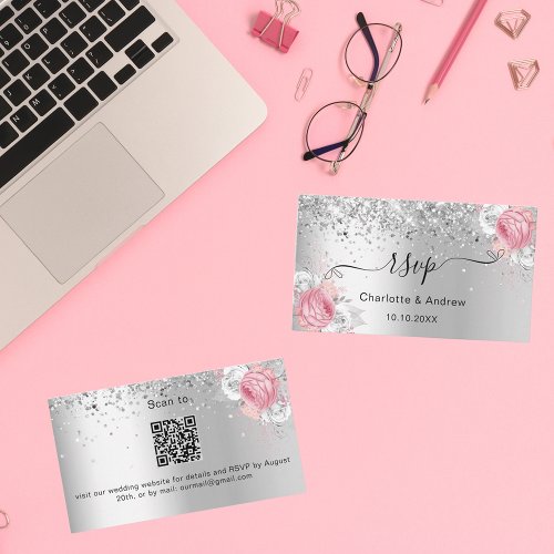 Silver pink florals wedding website RSVP QR code Enclosure Card