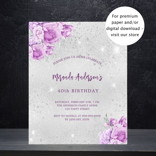 Silver pink flowers budget birthday invitation flyer