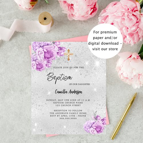 Silver pink flowers girl budget Baptism invitation