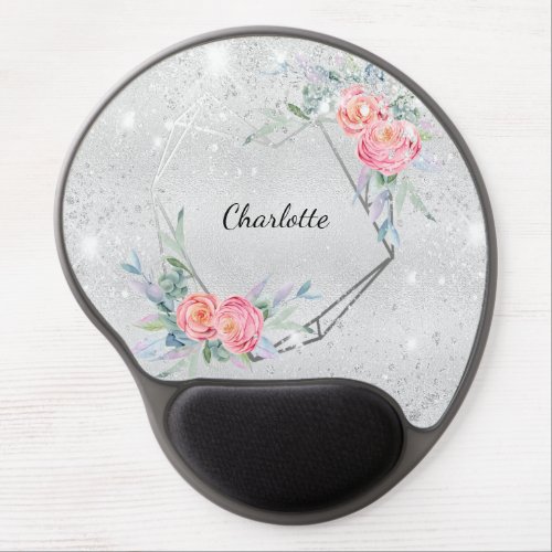 Silver pink flowers glitter name gel mouse pad