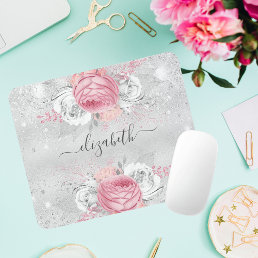 Silver pink flowers glitter name script mouse pad