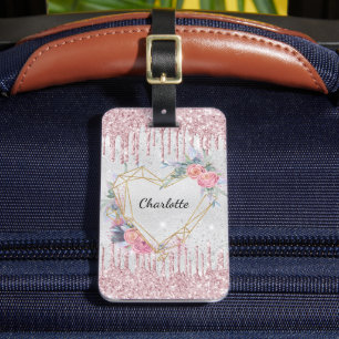 Silver pink flowers monogram name luggage tag