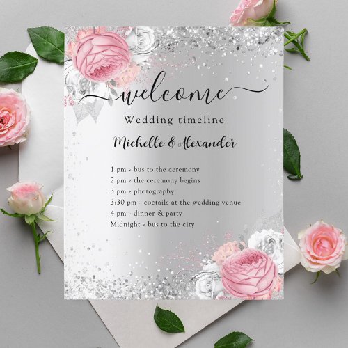 Silver pink flowers wedding program flyer