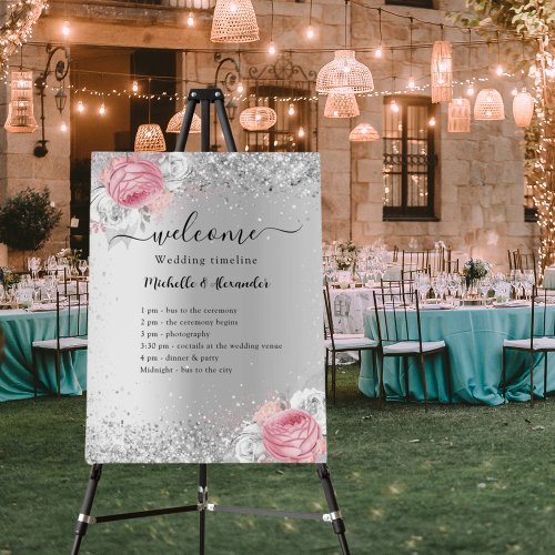 Silver pink flowers wedding program foam board