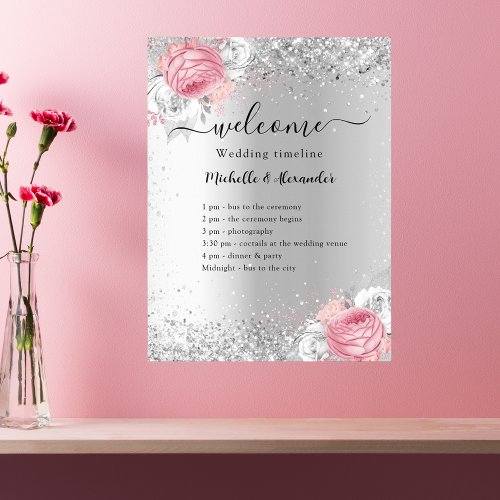 Silver pink flowers wedding program poster