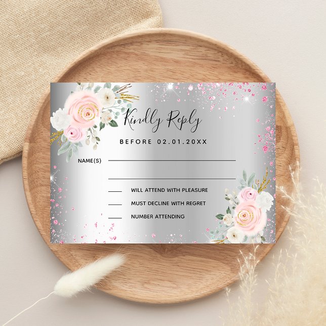 Silver pink flowers wedding response RSVP Note Card (Creator Uploaded)