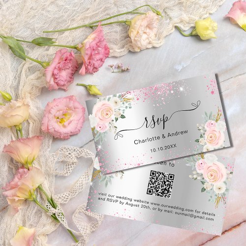 Silver pink flowers wedding website RSVP QR code Enclosure Card