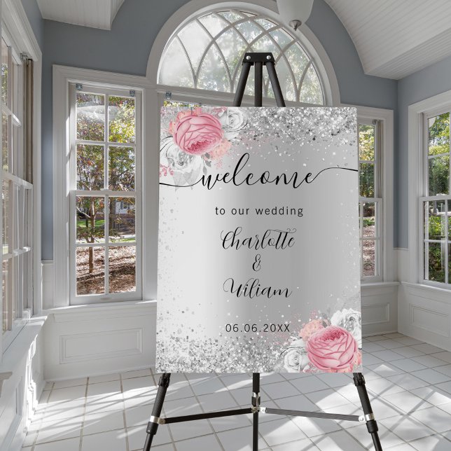 Silver pink flowers wedding welcome sign (Creator Uploaded)