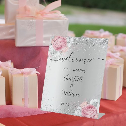 Silver pink flowers wedding welcome sign