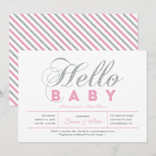 Silver & Pink | Girl, Chic Typography Baby Shower Invitation (Front/Back)