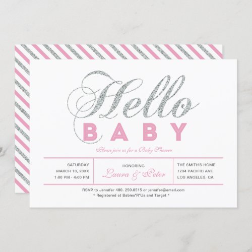 Silver  Pink  Girl Chic Typography Baby Shower Invitation