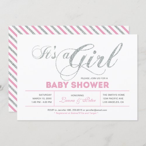 Silver  Pink  Girl Chic Typography Baby Shower Invitation