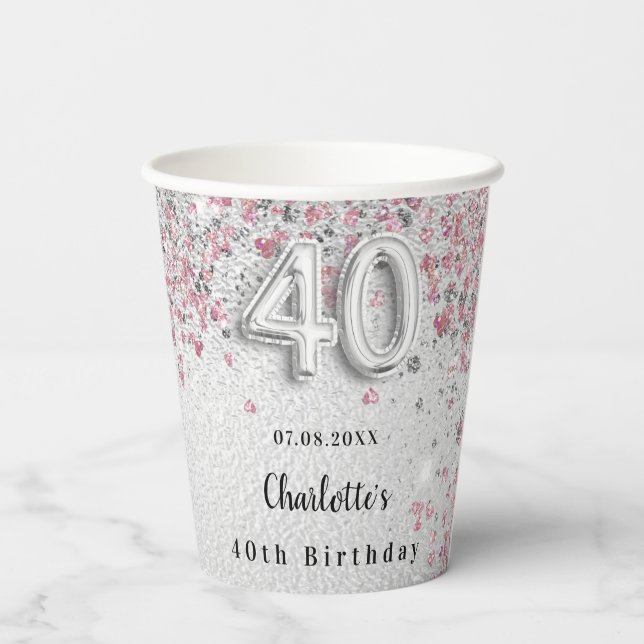 Silver pink glitter 40th birthday paper cups (Back)