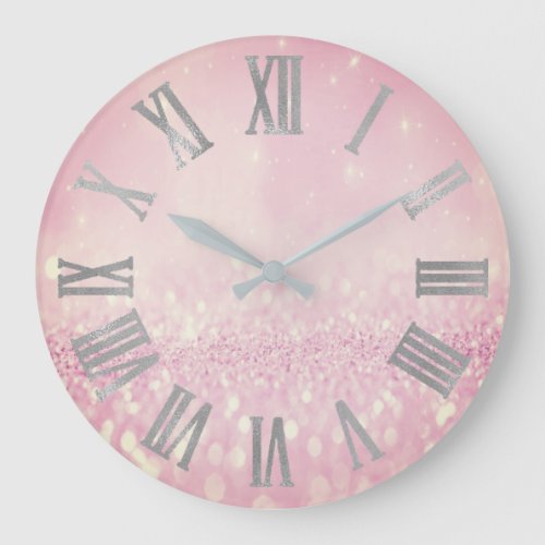 Silver Pink Glitter Blush Metallic Roman Numers Large Clock