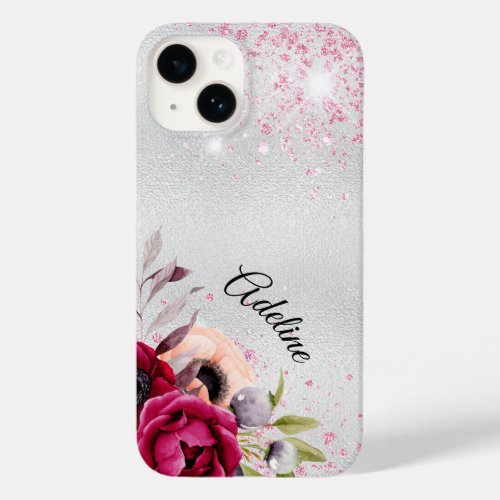 Silver pink glitter burgundy florals name script Case_Mate iPhone 14 case