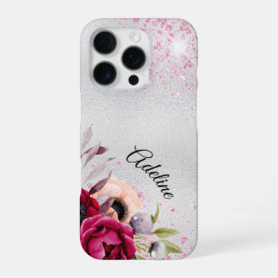 Silver pink glitter burgundy florals name script iPhone 16 pro case