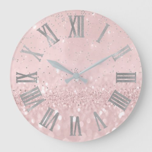 Silver Pink Glitter Cpnfetti Metallic Roman Numers Large Clock