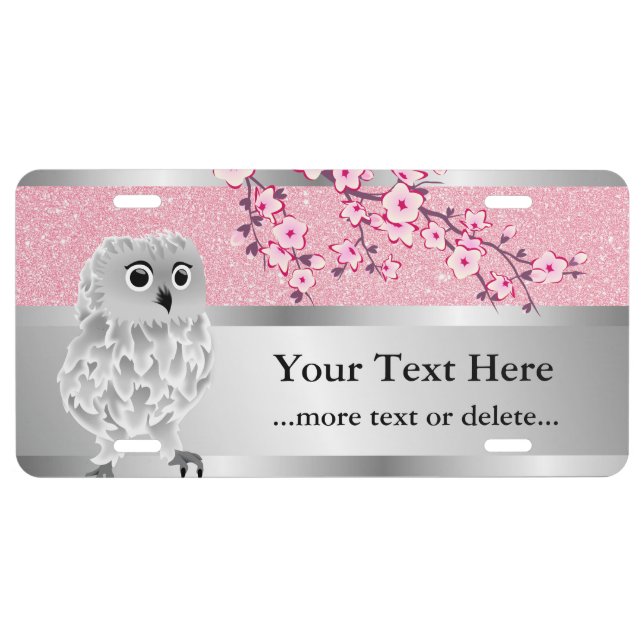 Silver Pink Glitter Cute Owl Personalize License Plate (Front)