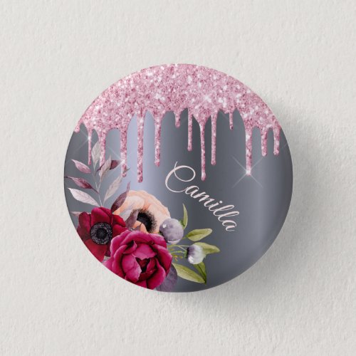 Silver pink glitter drip floral name tag button