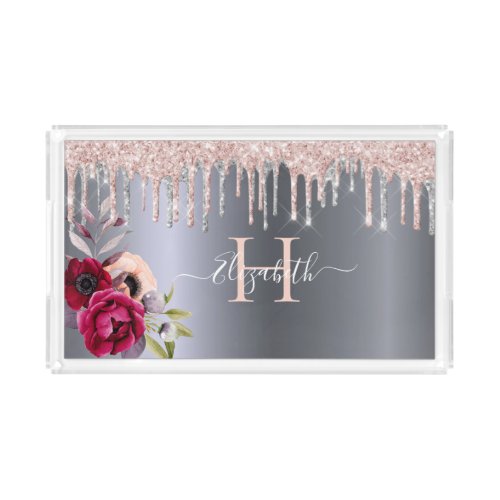 Silver pink glitter drip flower monogram acrylic tray
