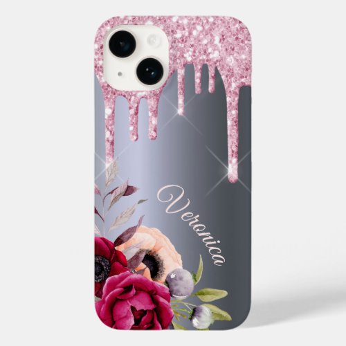 Silver pink glitter drip flowers name Case_Mate iPhone 14 case