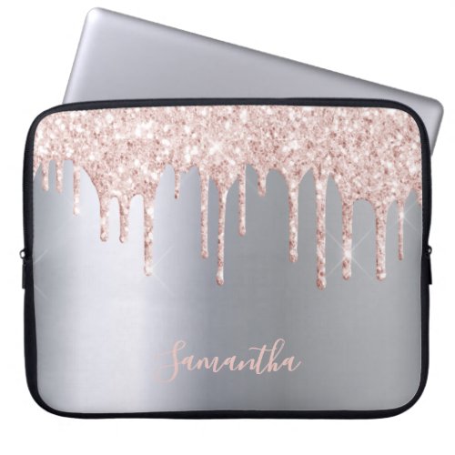 Silver pink glitter drip metallic name girly laptop sleeve