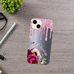 Silver pink glitter drips floral name script Case-Mate iPhone 14 case<br><div class="desc">Pink faux glitter drip,  paint drip look on a faux silver metallic looking background. Burgundy and rose gold colored Flowers. Template for Your name.  The name in rose gold is written with a modern and trendy hand lettered style script.</div>