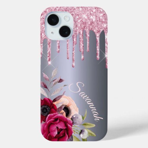 Silver pink glitter drips floral name script iPhone 15 case