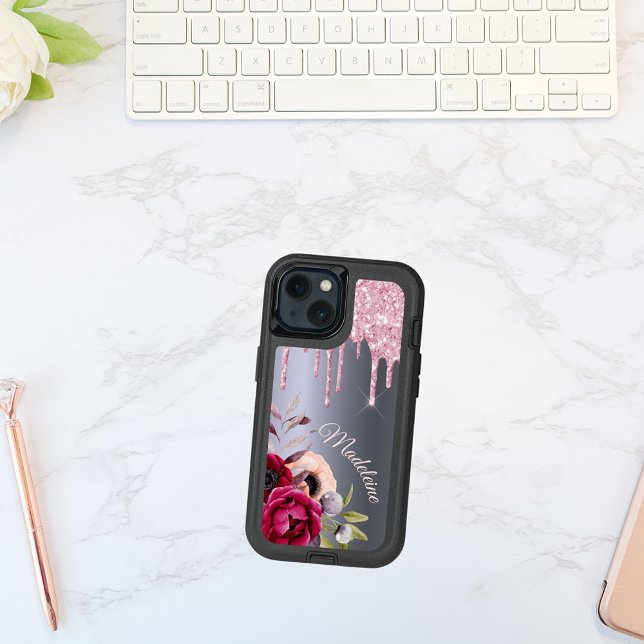 Silver pink glitter drips florals name script otterbox iPhone case (Creator Uploaded)