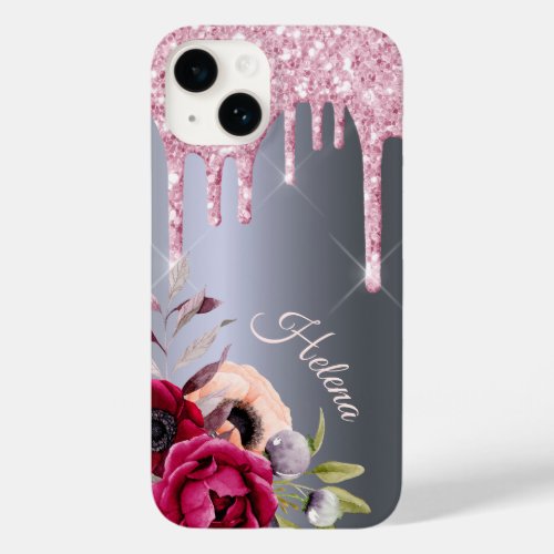 Silver pink glitter drips flowers name Case_Mate iPhone 14 case