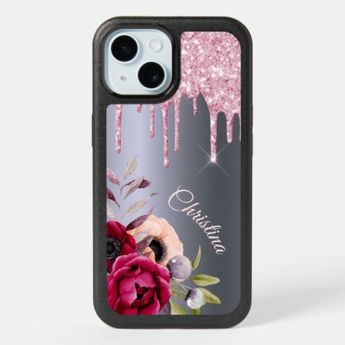 Silver pink glitter drips flowers name iPhone 15 case