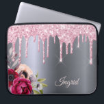 Silver pink glitter drips metallic floral name laptop sleeve<br><div class="desc">Pink faux glitter drip,  paint drip look on a faux silver metallic looking background. Burgundy and rose gold colored Flowers. Template for Your name.  The name in rose gold is written with a modern and trendy hand lettered style script.</div>