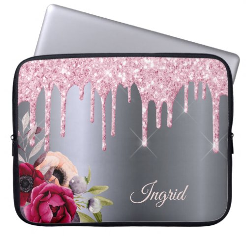 Silver pink glitter drips metallic floral name laptop sleeve